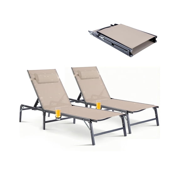 THAILE 2 Pack Pool Lounge Chairs Set, Outdoor Folding Lounge Chair with Cup Holder, Waterproof Metal Recliner with 6 Adjustable Positions, Lightweight Portable Beach Chair for Patio, Lawn, Backyard,