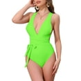 thumbnail image 1 of INSPIRE CHIC Monokini Bikini de una pieza con escote en V profundo, espalda cruzada y cordones, control de abdomen, traje de baño de corte alto, tamaño X-Small, verde fluorescente, 1 of 5
