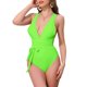 thumbnail image 1 of INSPIRAR CHIC Traje de baño de una pieza con escote en V profundo, cruce en la espalda y cordones, control de abdomen, corte alto, color verde fluorescente medio, 1 of 5