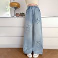 thumbnail image 2 of Gubotare Girls Jeans Strech Waist Band Baggy Jeans for Girls Y2K Denim Elastic Waist Wide Leg Pants Embroidery Vintage Jeans Aesthetic Clothing Teen Girls Size 13-14 (Blue,13-14 Years), 2 of 8