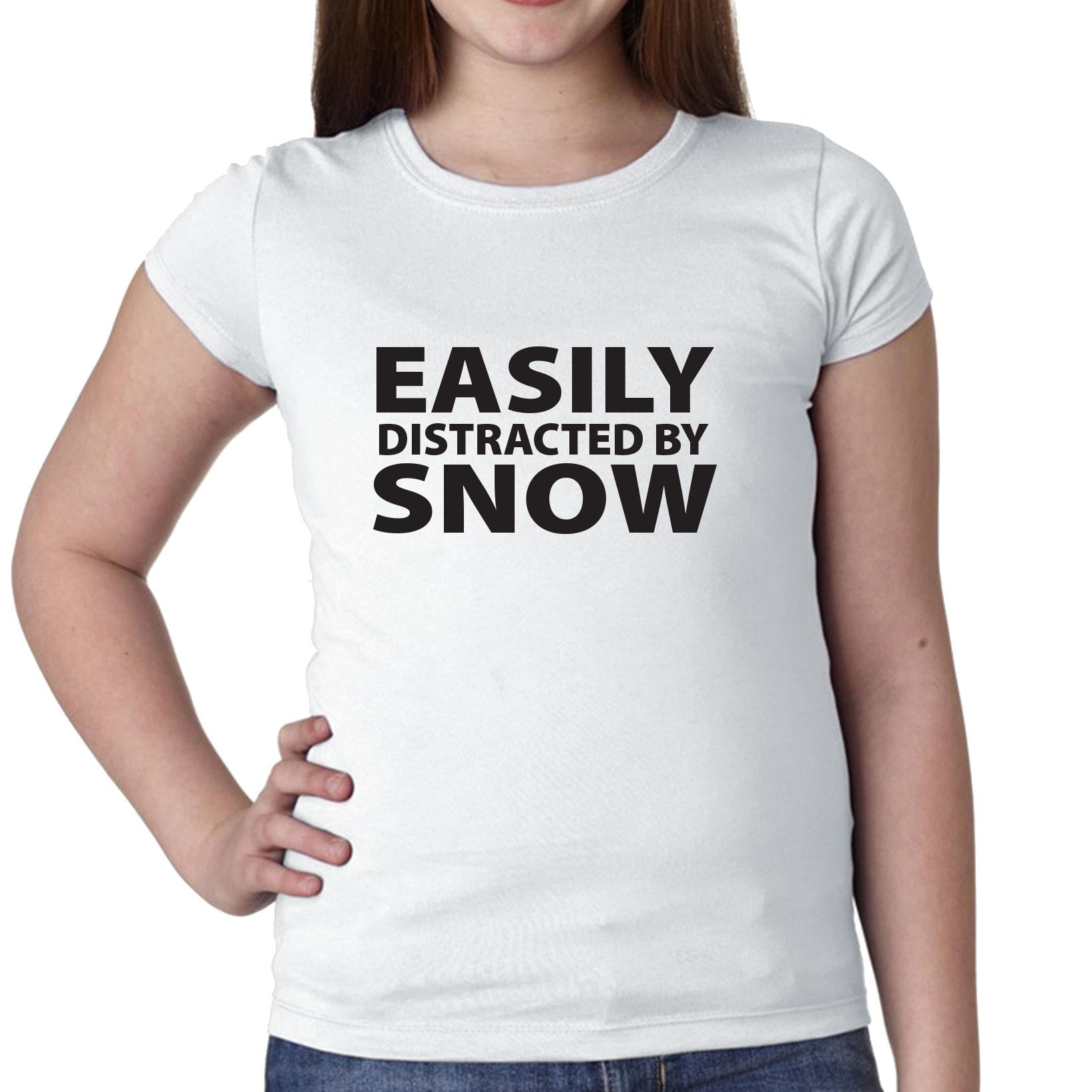 Easily Distracted By Snow Skiing Snowboarding Girl's Cotton Youth T-Shirt by Hollywood Thread