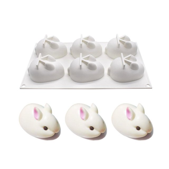 Pan para hornear con mousse de conejo 3d de 6 cavidades, molde de silicona de conejo de pascua para postre francés, loción de jabón, barra de loción para cupcakes, gelatina, gelatina, bandeja de cubit Feliz Sencillez