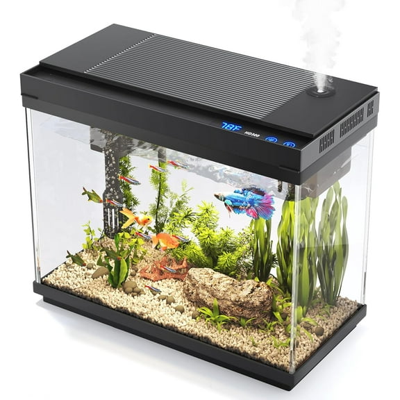 Fish Tank, 2.4 Gallon Fish Aquarium, Fish Tank Starter kit with Smart Humidifier, Temperature Display, 7-Color Lighting, 3 in 1 Quiet Pump with Filteration & Oxygenation & Circulation