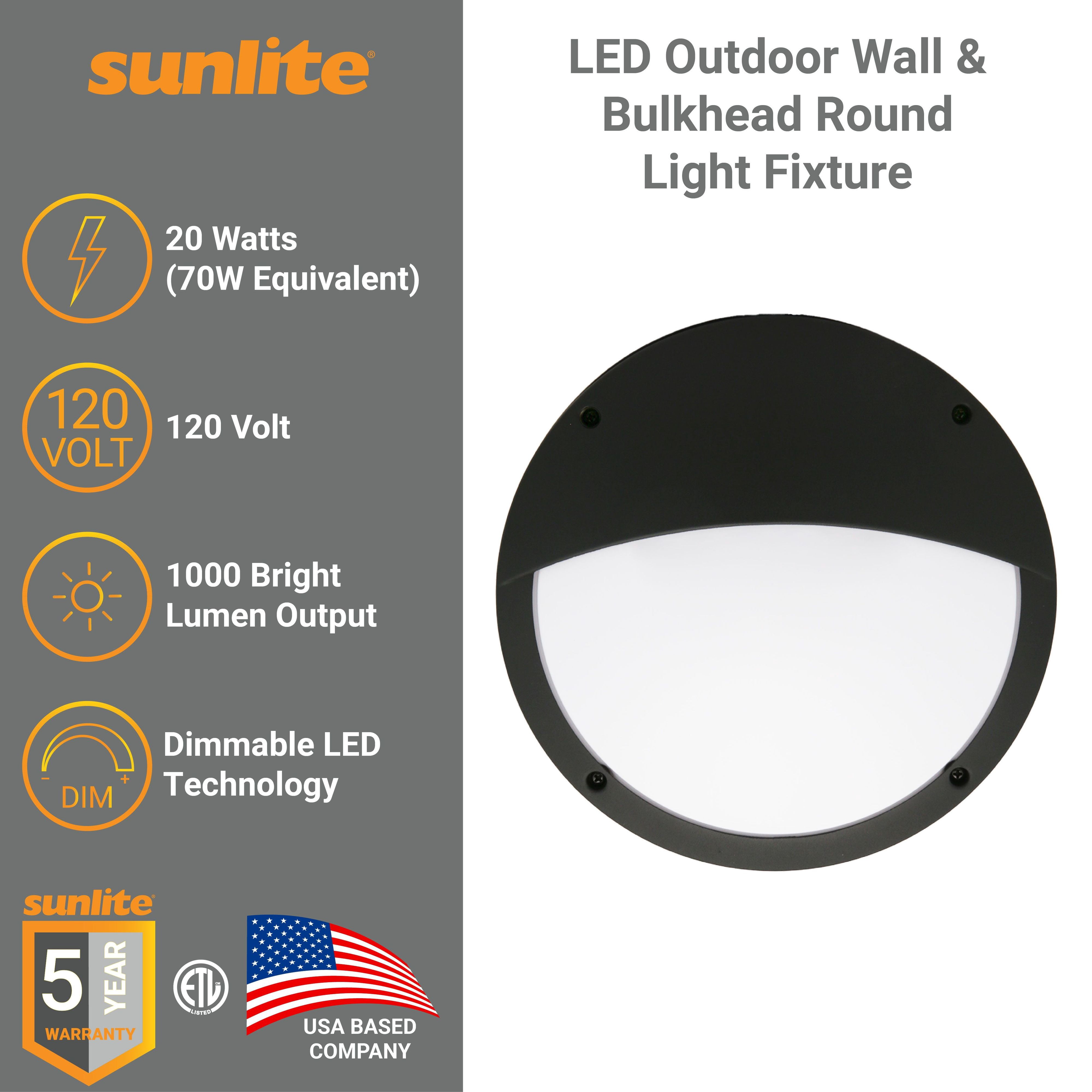 Sunlite 81384 11-Inch LED Outdoor Wall & Bulkhead Round Light Fixture, 20 Watts (70W Equivalent), 1000 Lumens, Dimmable, 50,000 Hour Life Span, Color Selectable 30K/40K/50K, Black Finish, ETL Listed