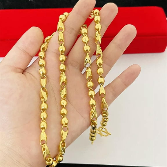 QQTDFG 24K Yellow Gold Plated 3 Wheat Beads Matte Twisted Chains Necklace for Men Women-default