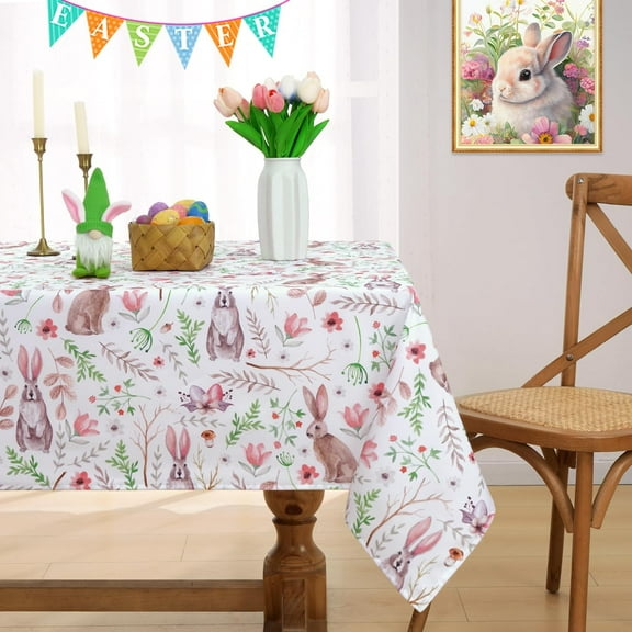 Easter Tablecloth Rectangular, Spring Bunny Floral Table Cloths for Indoor Outdoor, Waterproof Stain Resistant Polyester Table Covers for Easter Dinner Picnic Party Decorations, 60 x 120 Inch
