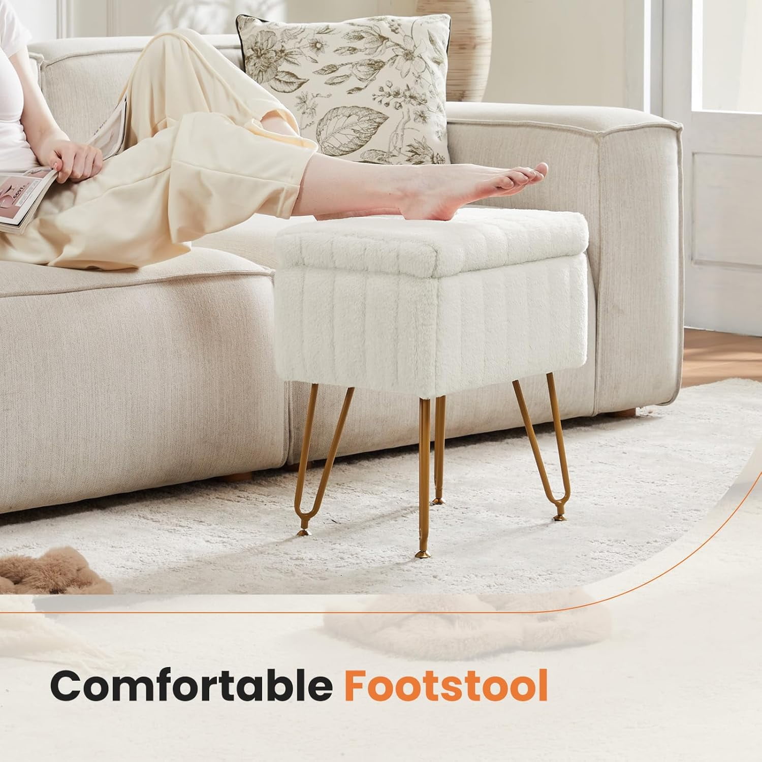 Simenmax Vanity Stool Chair with Storage, Ottoman Faux Fur Soft Padded Makeup Footstools Seat with 4 Metal Legs Anti-Slip Adjustable Feet Modern Cute Small Footrest for Home Entryway Bedroom,White