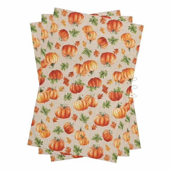 Orange Pumpkins Fall Kitchen Towels Set of 3, Water Absorbent Dish Towel, Thanksgiving Leaves Country Retro Beige Decorative Hand Towels - Quick Drying Cloth for Cooking Baking, 18x28 Inch