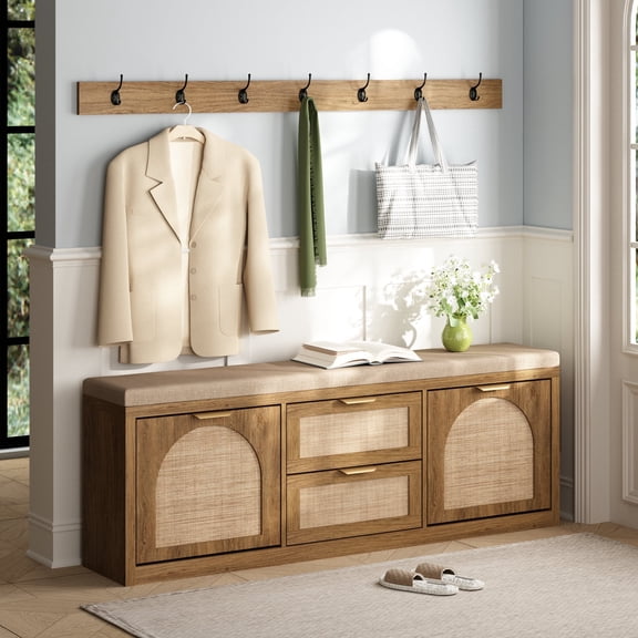 PieDle Arched Rattan Hall Tree Bench with Shoe Storage, Coat Rack & 4 Drawers - Mid-Century Modern Foyer Furniture for Hallway Entry