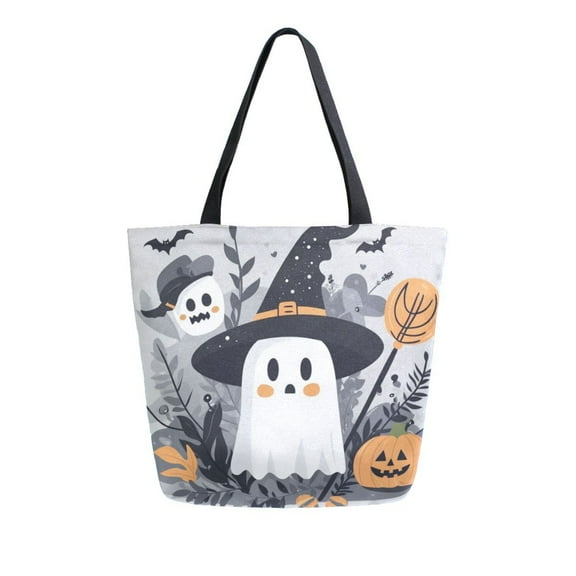 Open Top Canvas Tote Bag with Zipper Reusable Shopping Bag 13.5x15" Roomy Carryall Cute Cartoon Witch and Ghost Character