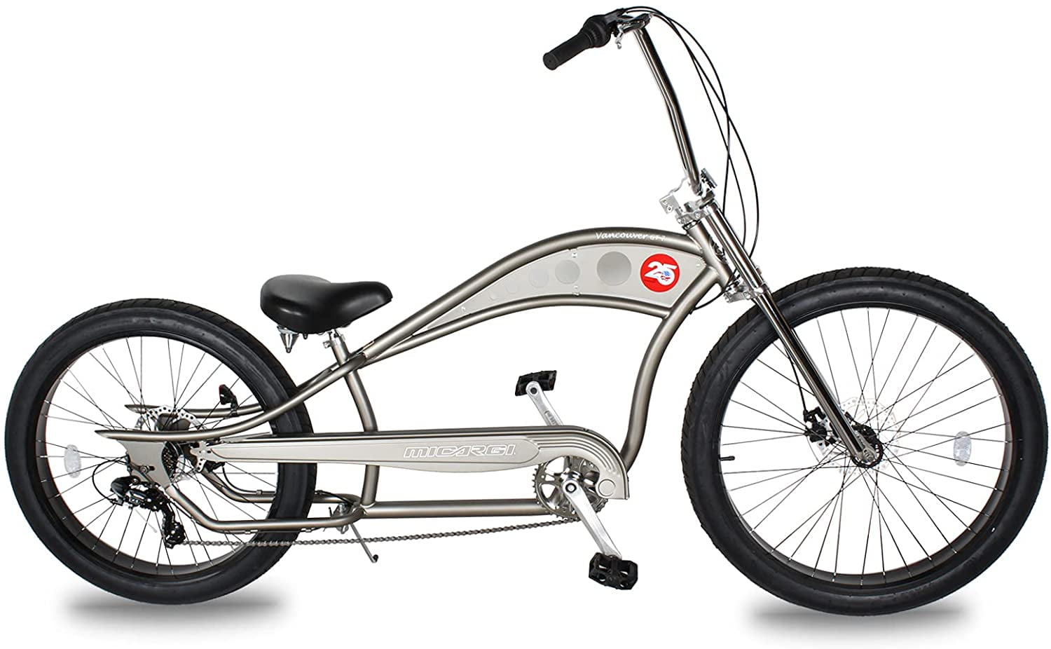 WonderWheels 26" Stretch Cruiser Shimano TX-35 7SP with Disc Brake (F&R) Moon-Type Handlebar, Alloy Black Rims, 26x4.0 Black Tire - Matte Grey
