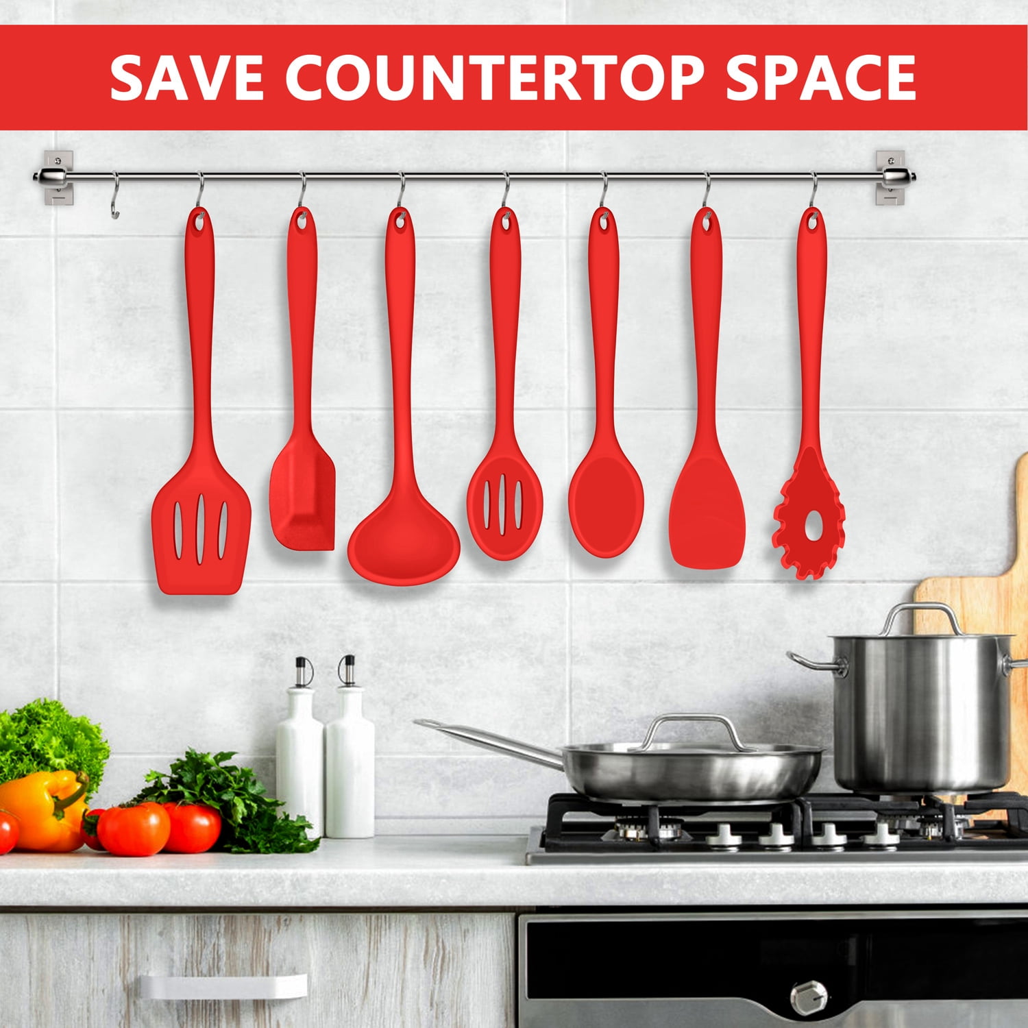 Walchoice 7-Piece Silicone Cooking Utensils Set, Red Kitchen Utensils,  Non-stick Gadgets Tools Include Slotted Turner, Soup Ladle, Pasta Server, image size:1500x1500