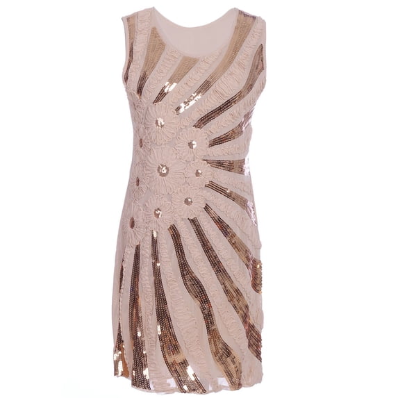 S/M Fit Sequin Embellished Ribbon Floral Applique Overlay Dress