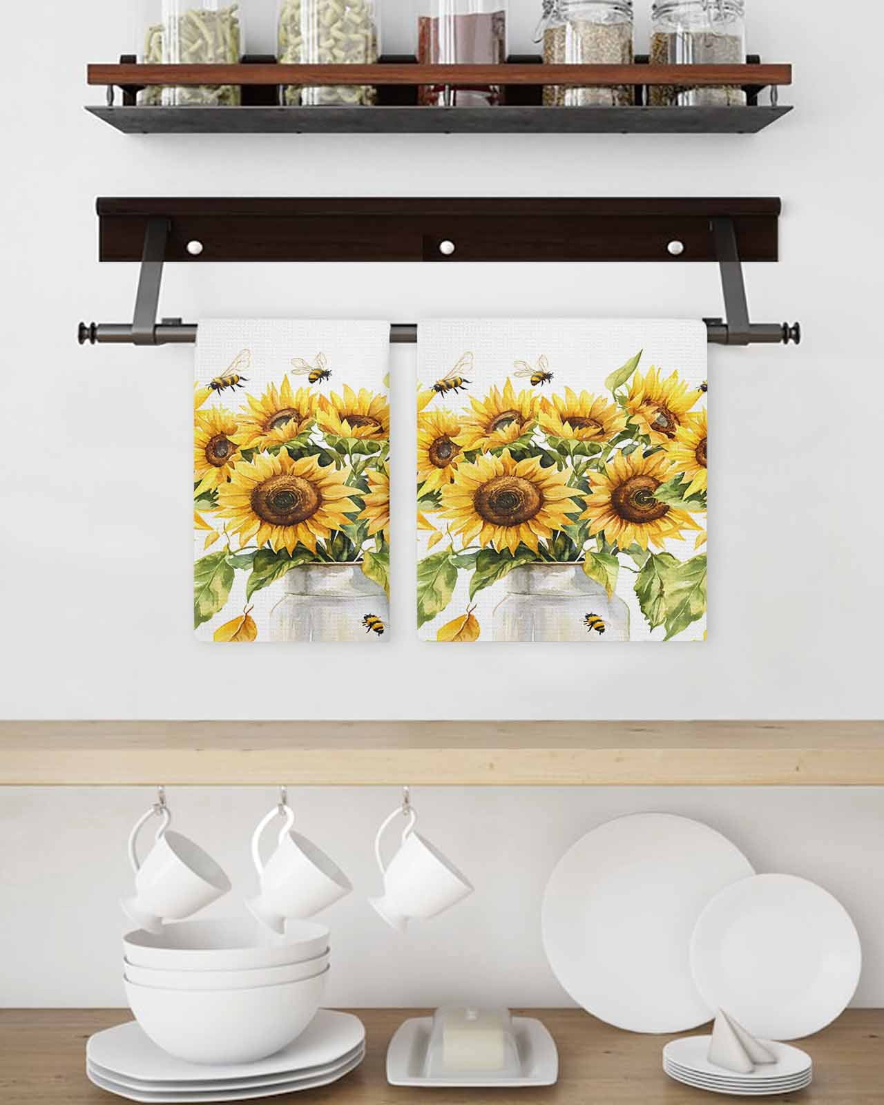 Sunflower Bee Hand Towels Set, Waffle Weave Kitchen Towels 3 Pieces, Watercolor Yellow White Summer Spring Microfiber Hair Face Bath Tea Towel Absorbent Quick Drying Cleaning Dish Cloths, 15.7"x23.6"