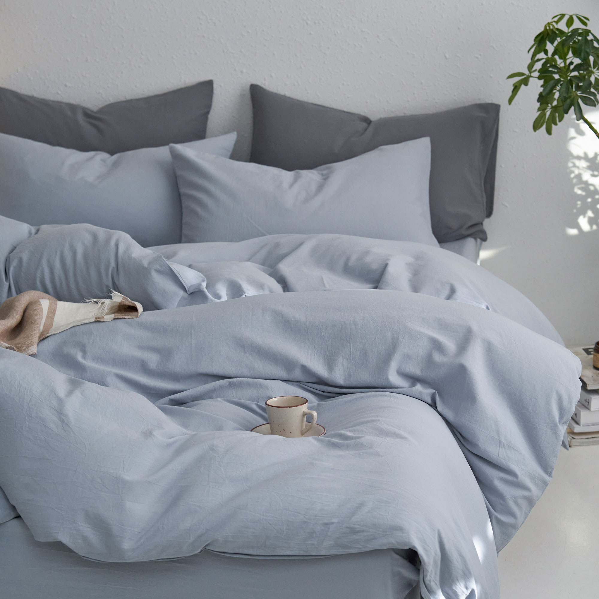 MooMee Duvet Cover Set Queen 100% Washed Cotton Twill Ultra-Soft Breathable Linen Like 3-Piece (Cornflower Blue, 90"x90")