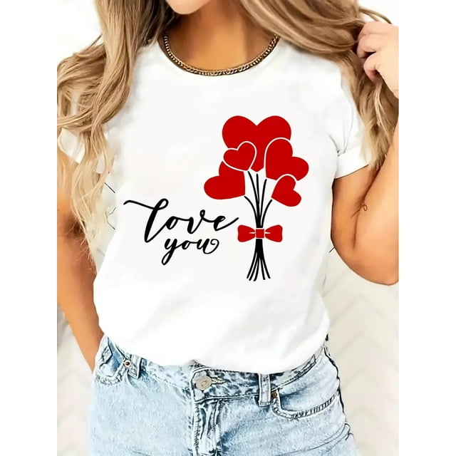 Camiseta informal de manga corta para mujer, ideal para San Valentín, con estampado de letras, lazos, corazones y árboles, cuello redondo. Para adultos, hombres, mujeres, adolescentes y jóvenes.