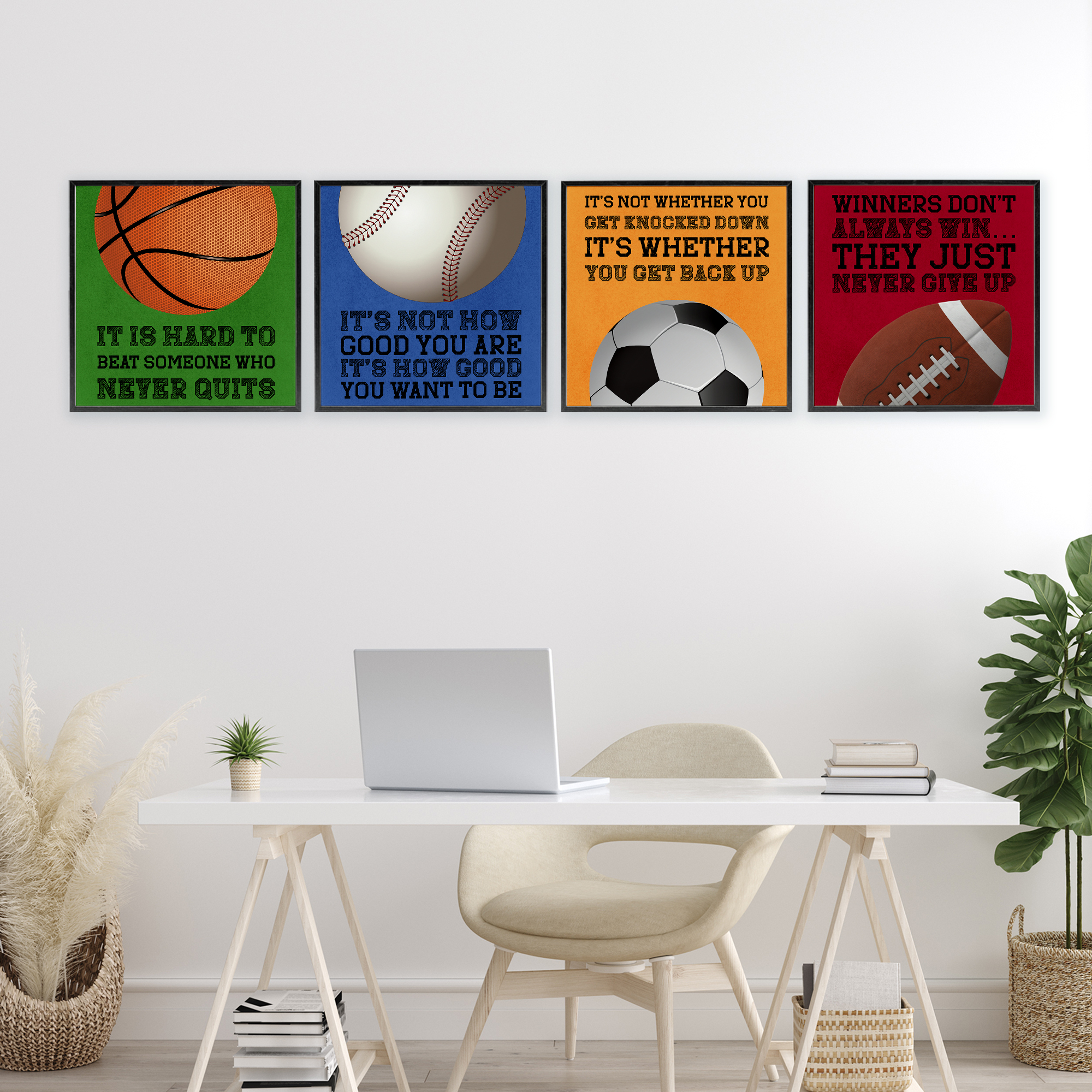 Motivational Sports Determination 4 Piece Black Framed Giclee Art Set, design by Marcus Prime
