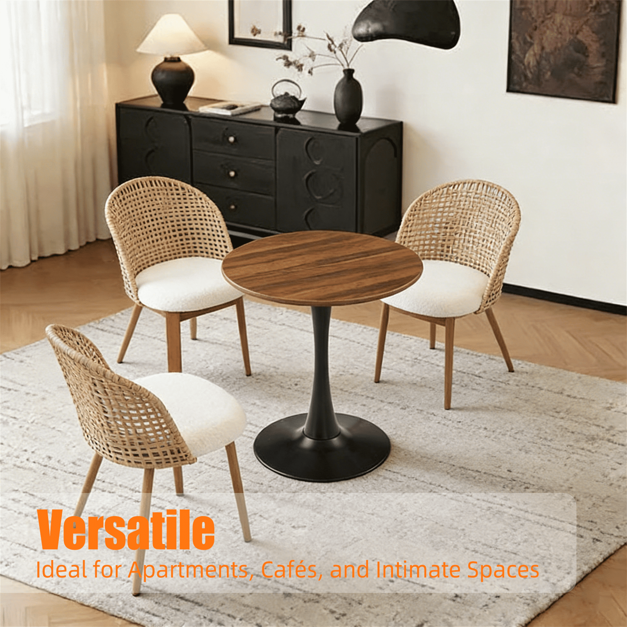 Homy Casa 24" Round Dining Table for 2, Small Kitchen Table with Walnut Finish and Black Iron Pedestal Base, Brown