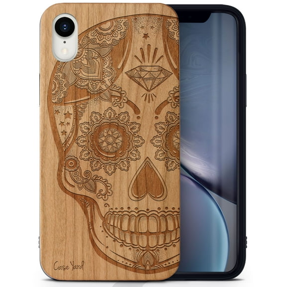 Case Yard Wooden Case Outside Soft TPU Silicone, Slim Fit Shockproof Wood Protective Phone Cover for Girls Boys Men and Women, Supports Wireless Charging Ice Skull Design case for iPhone-XR