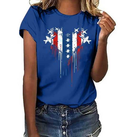 Qetyuw Womens 4th of July Shirts Plus Size Patriotic Red White and Blue Print Tshirts Tunic Short Sleeve Tees Comfortable Crewneck Blouses Tops Summer Tops for Women 2024