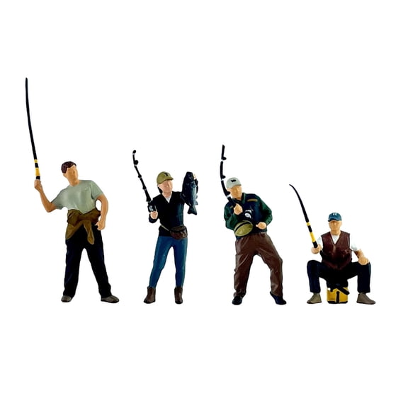 PatungKu 4 Piece 1/64 Scale Male Fisherman Figurine Resin Angler Model For Scene Decors And Miniature Collections Shelf Display