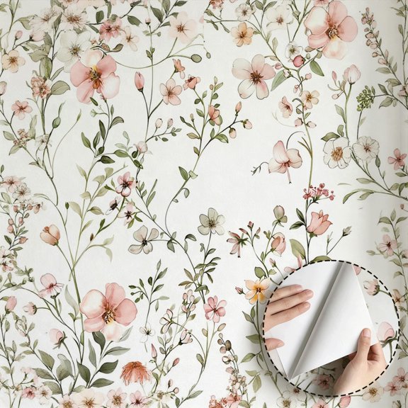 Watercolor Wildflower Wallpaper Boho Farmhouse Vintage Peel and Stick Wallpaper Waterproof Home Decor for Living Room Bedroom Bathroom Kitchen Cabinet Drawer Rental Property 17.7 * 196.8 in