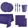Purple Party Tableware Set 235 Pieces, Beverage Napkin,Lunch Napkin,7" Plastic Plate,9" Plastic Plate,12 Oz. Plastic Cup,Cutlery,Plastic Tablecover
