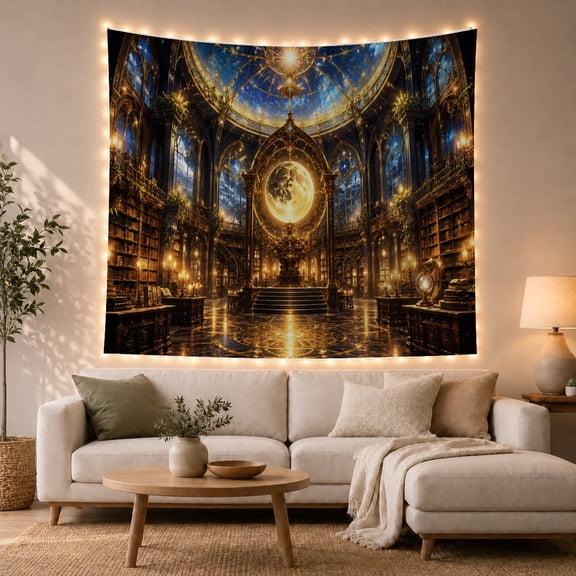 Golden Moon Illuminating Gothic Bookshelves in Grand Library, Mystical Fantasy Art for Book Lovers, Celestial Decor, Halloween Gift Tapestry Wall Hanging for Bedroom and Study Room