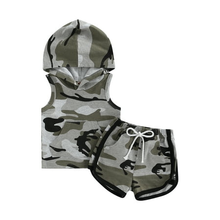 

EYIIYE Toddler Baby Boy Summer Camouflage Print Sleeveless Hooded Vest Tops+Drawstring Shorts Pants 2PCS Set 1-5 Years
