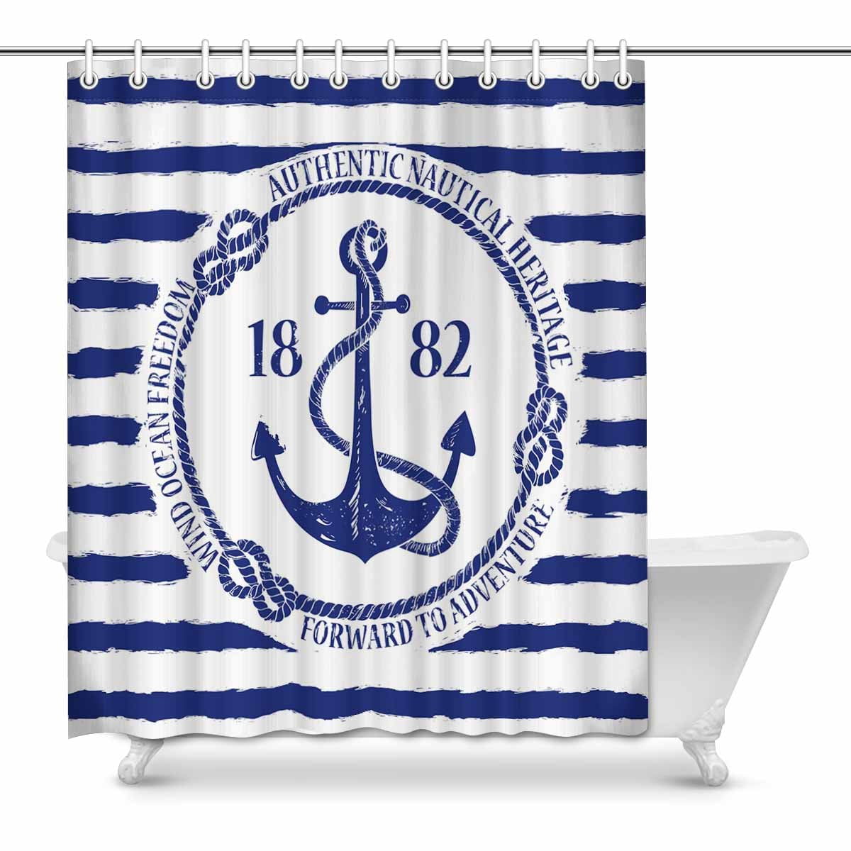 POP Blue White Nautical Emblem with Anchor on a Striped Bathroom Decor