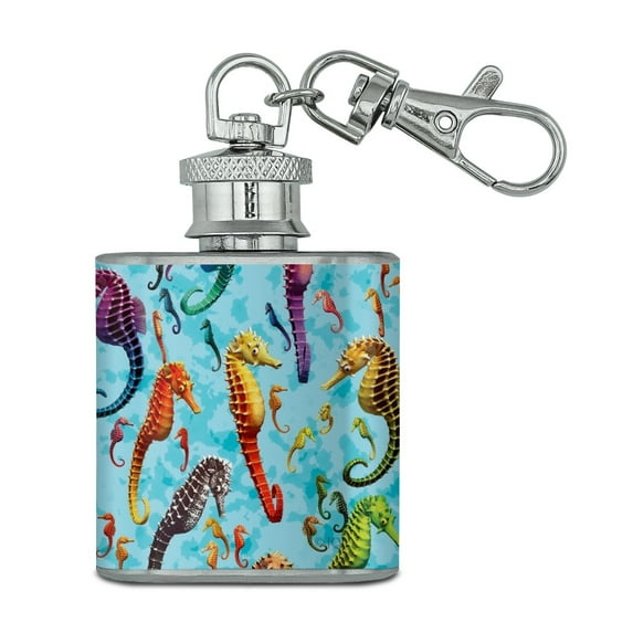 Seahorses Rainbow Ocean Undersea Tropical Pattern Stainless Steel 1oz Mini Flask Key Chain