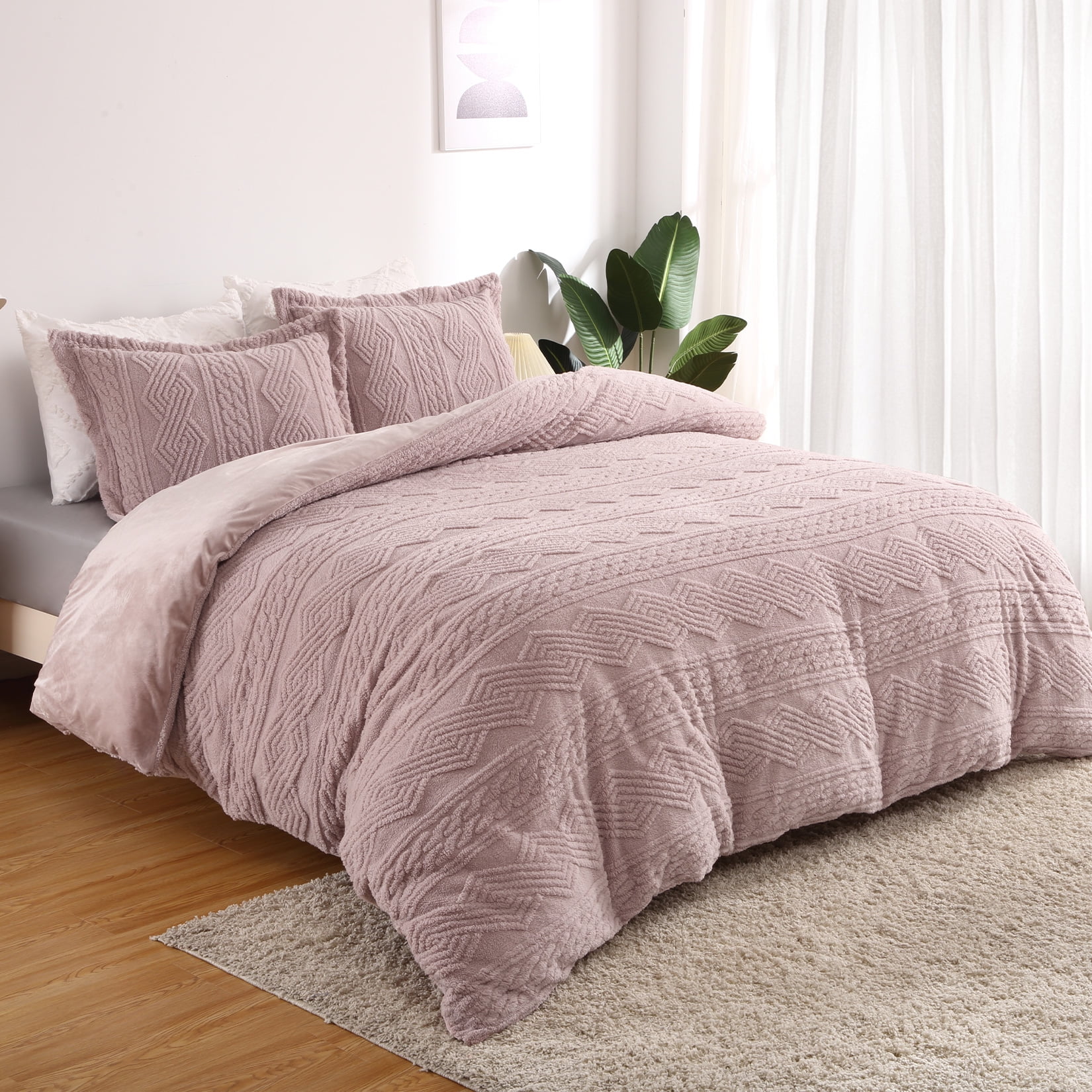 3 Pcs Shaggy Fuzzy Sherpa Duvet Cover Bedding Set, Faux Fur Tufted