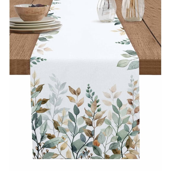 Hokiten Table Runners 60 Inches Long Dress Scarves, Green Brown Botanical Farmhouse Kitchen/Dining Table Runner, Small Coffee Tablerunners, Farmhouse Eucalyptus Leaves 13x60 Inch