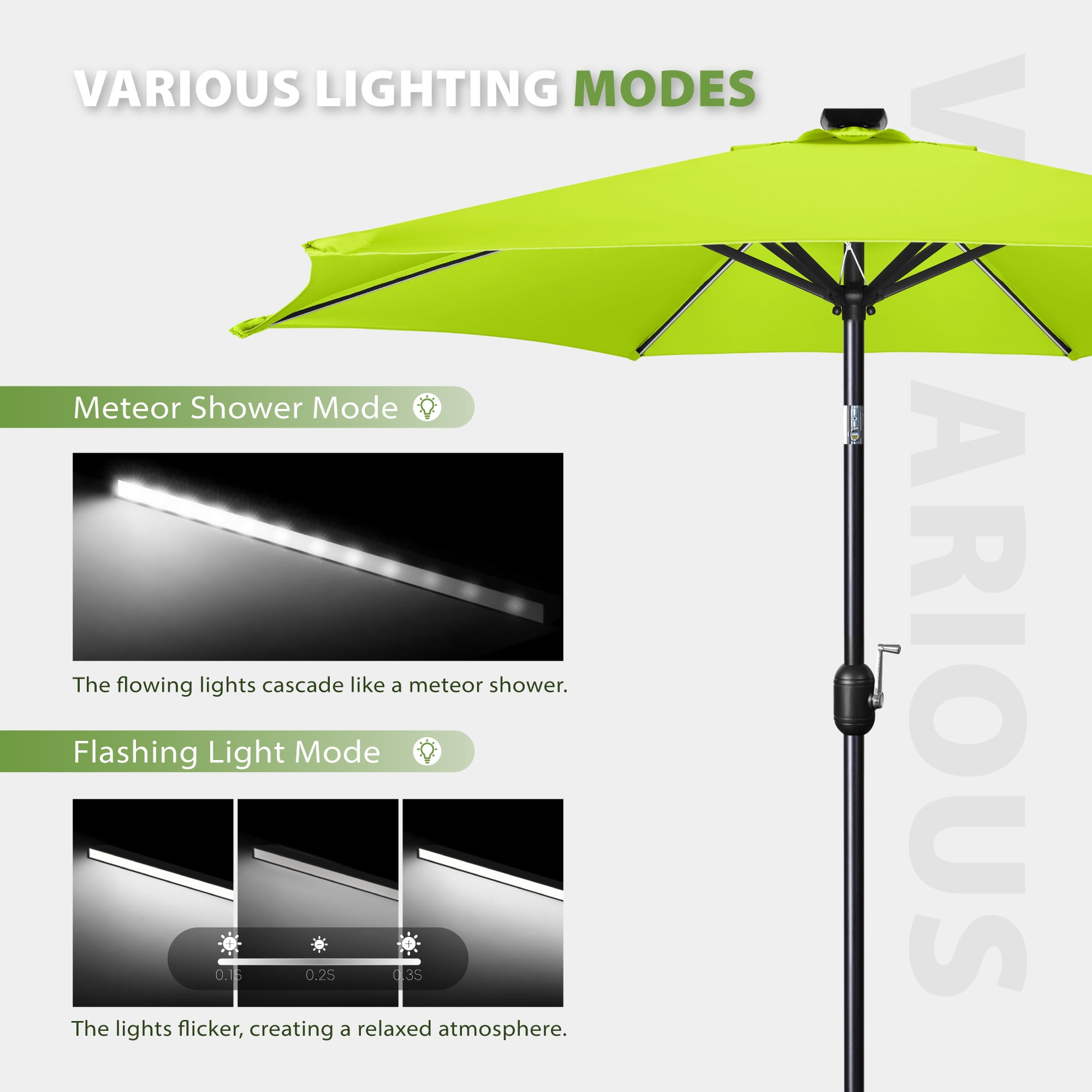 Scafild | 7.5FT Meteor Shower Lights Patio Umbrella, Outdoor Table Umbrella with 108 LED Solar Lights, Push Button Tilt and Crank, Market Umbrella for Garden, Deck, Backyard, Pool - Apply Green
