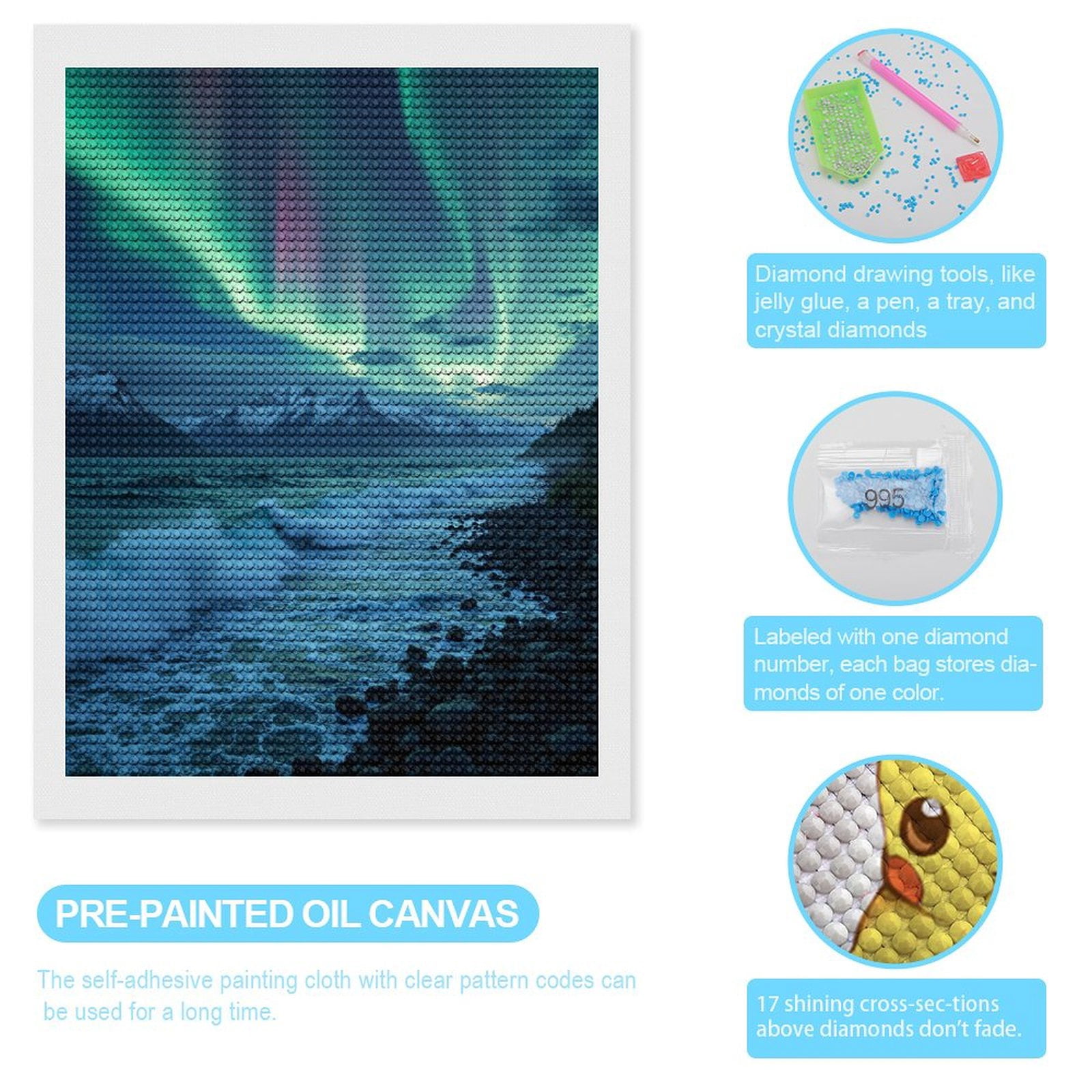 Diamond Art Kits for Adults, Aurora Borealis Over Ocean Waves 5D Diamond Painting Kits for Adults Beginners, DIY Full Drill Diamond Painting, Gem Art and Crafts 12x16