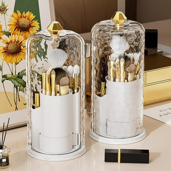 Makeup Brush Holder Organizer with Clear Lid 360 Rotating Sliding Opening Dustproof Brushes Container Makeup Brush Holder Acrylic Organizer makeup brush holder with lid for Vanity Clear