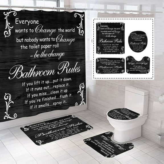 4Pcs Bathroom Rules Shower Curtain Sets, Black Bathroom Decor Set, Bathroom Wooden Signs Shower Curtain with 12 Hooks,Bath Mat, Toilet Lid Rug and Non-Slip U Shape Mat Accessories