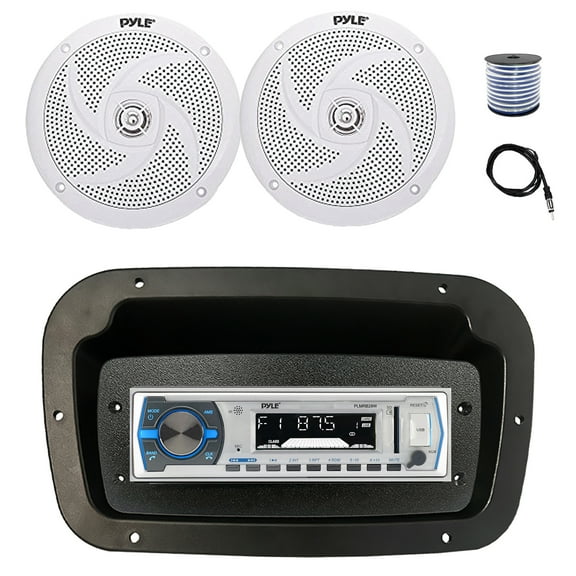 Pyle PLMRB29W Single DIN Bluetooth Marine MP3 Stereo Receiver, Spa bezel, Adapter Plate, 22" Radio Antenna, Wire, 2x 6'' 240 Watt Max 2-Way Boat Audio Speakers (White)