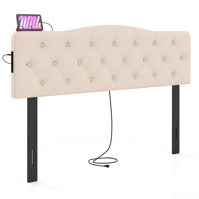 Gymax Headboard for Queen & Full Size Bed Tufted Upholstered Head Board w/2AC Outlets Beige
