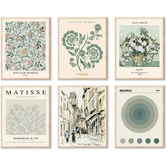 TRAHOO-Sage Green Matisse Wall Art Prints, Abstract Matisse Wall Art Exhibition Posters, Vintage Boho Art Prints Matisse Flower Market William Morris Van Gogh Mix Gallery Canvas Paintings, Retro Sage