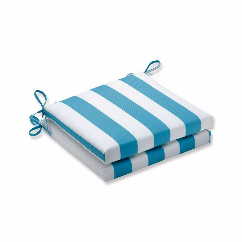 Set of 2 Blue and White Cabana Striped Square Outdoor Patio Seat