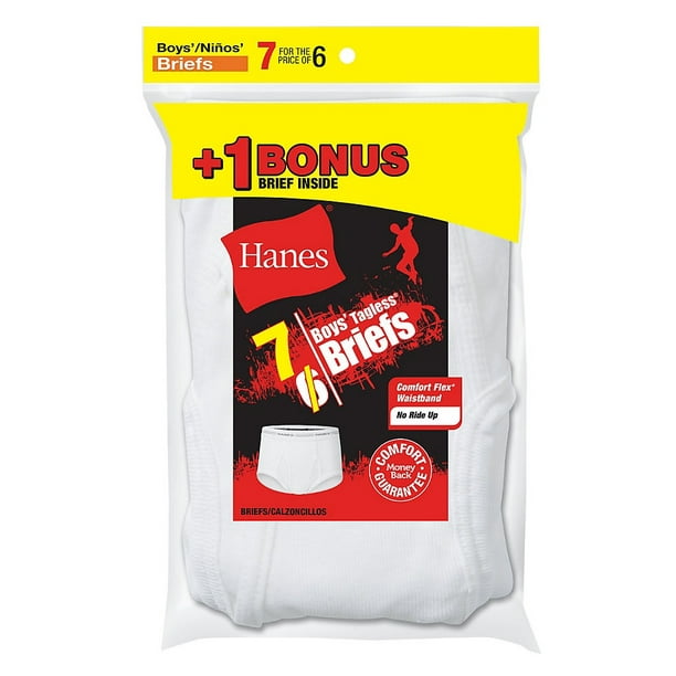 Hanes Boys' TAGLESS® White Briefs 7Pack (Includes 1 Free Bonus Boxer
