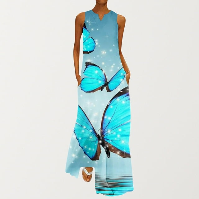 SMihono Robe Maxi Bohème d'Été pour Femmes Grande Taille Mode d'Été pour Femmes Imprimée à Col en V Sans Manches à Enfiler avec Poches Robe de Plage Évasée Robe Soleil