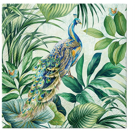 Decoupage Bird Napkins ROYAL PEACOCK 40pcs Lunch Napkins, Bird Paper Napkins, Decoupage Paper Napkins, Disposable Napkins Decorative, Tropical Leaf Napkins