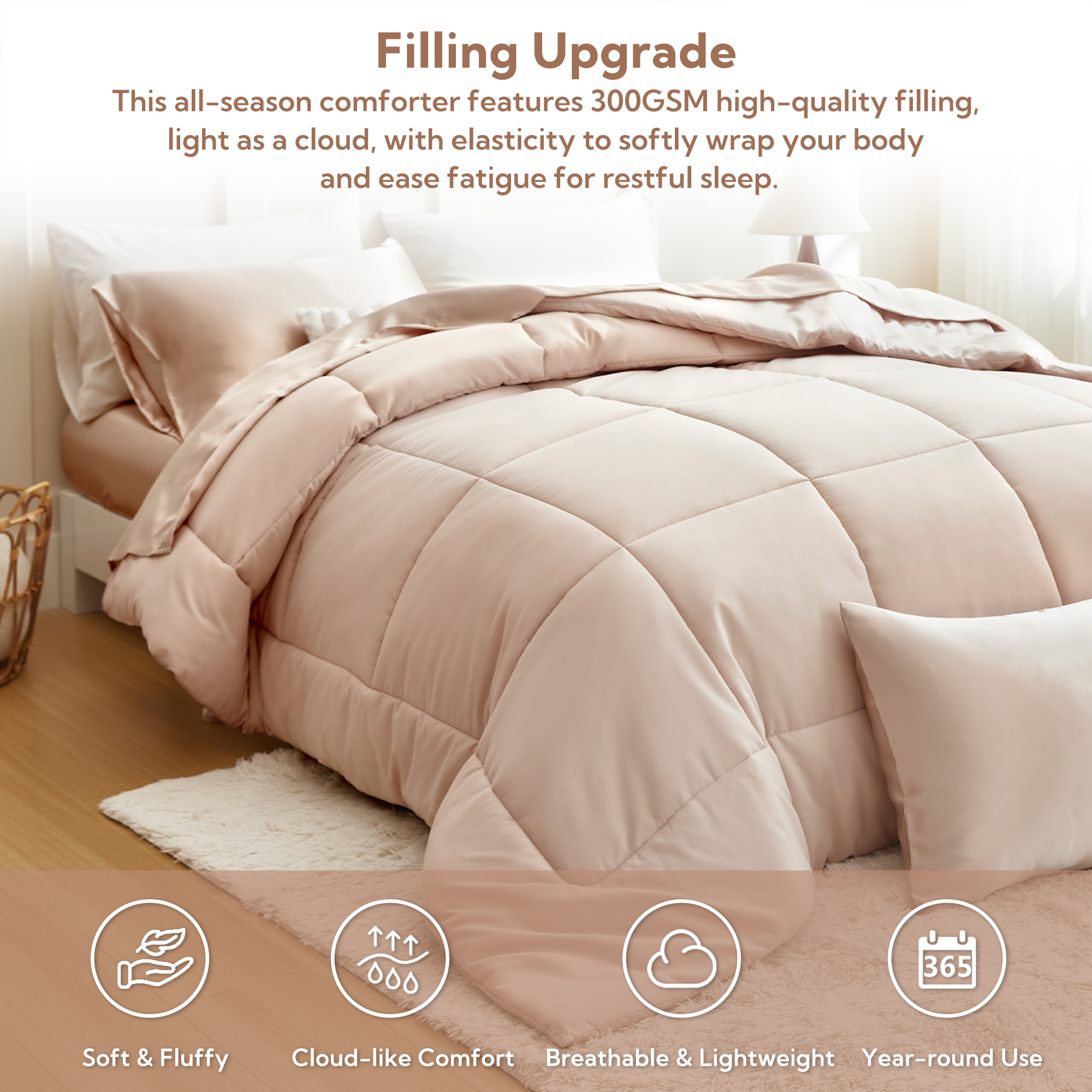 MR&HM Reversible Satin Microfiber Comforter 3 Pieces Queen Size, Champagne Queen Comforter Set for All Seasons, Silky Soft Satin Comforter for Hair and Skin, with Satin Pillowcases Set of 2