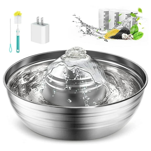 Oneisall 2L/67oz Cat Water Fountain, 304 Stainless Steel Water Fountain for Cats Inside, Pet Water Fountain with 3 Filters & Quiet Pump, Cat Water Bowl with Automatic Filtration System - Silver