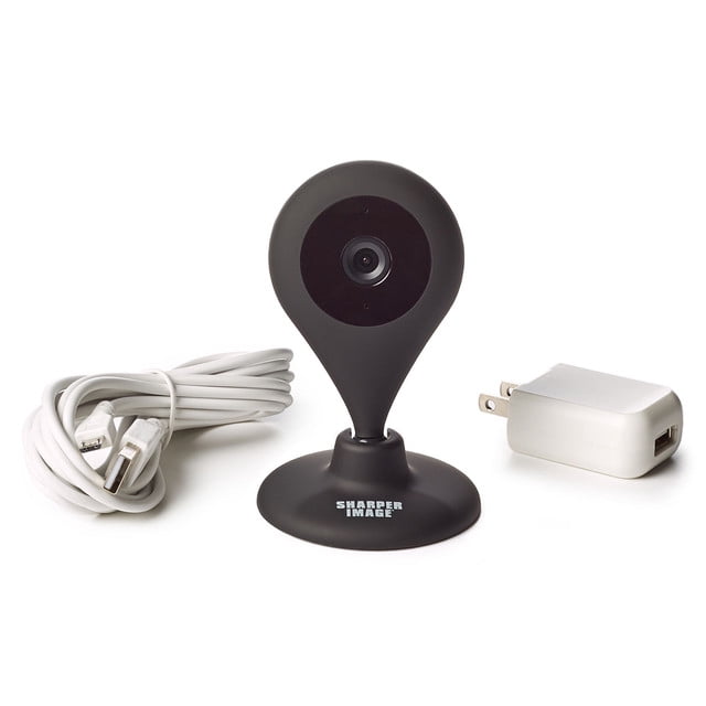 sharper image - camara wi-fi de seguridad y vigilacia de casa hd 720p 360â° sharper image s1720bk Cámara Wi‑Fi de seguridad negra, cuerpo en forma de gota con lente central, base redonda con logo Sharper Image, cable USB blanco enrollado y adaptador de corriente blanco sobre fondo blanco; vista frontal. Ideal también para monitoreo de mascotas o habitaciones pequeñas.