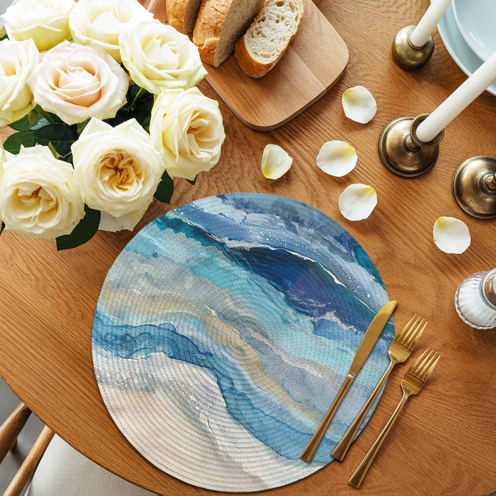 Round Woven Placemats set of 4, Blue Coastal Beach Washable&Heat Resistant Plastic Wipeable Placemats for Round Table Abstract Watercolor Oceans Waves Kitchen Dining Table Decor, 13in,