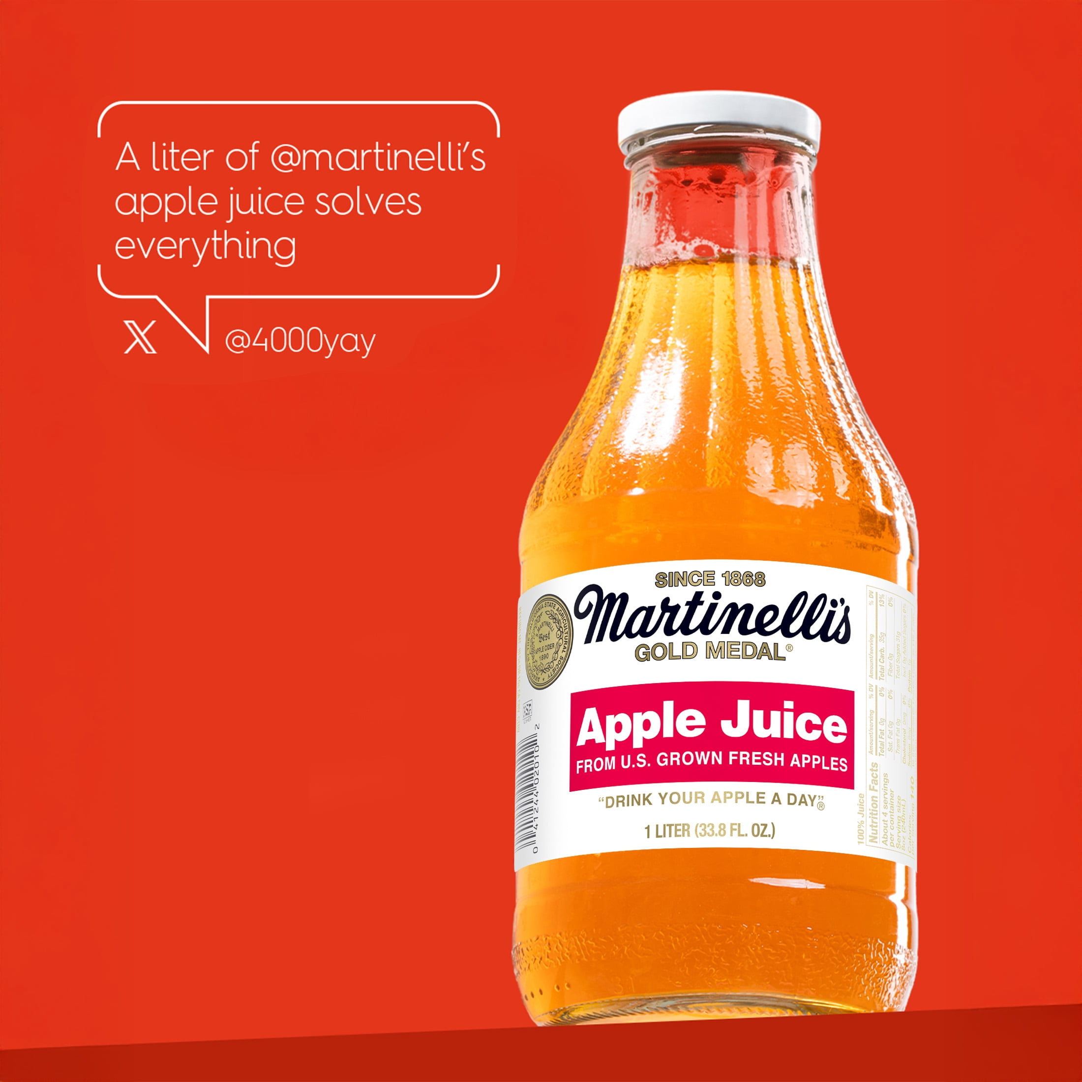 (3 pack) Martinelli's Gold Medal 100% Apple Juice, Multi-Serve Glass Bottle, 1 Liter