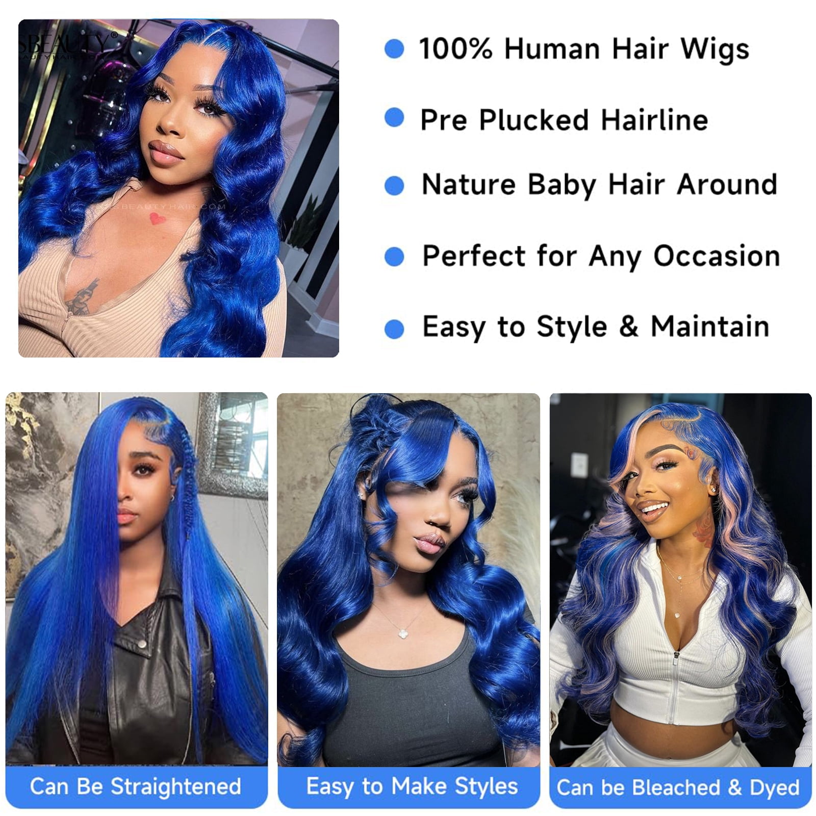 13*6 Inch HD Lace Closure 100% Human Hair Wig Body Wave Lace Front Wig 28" Blue Hair Heat Resistant Bleachable